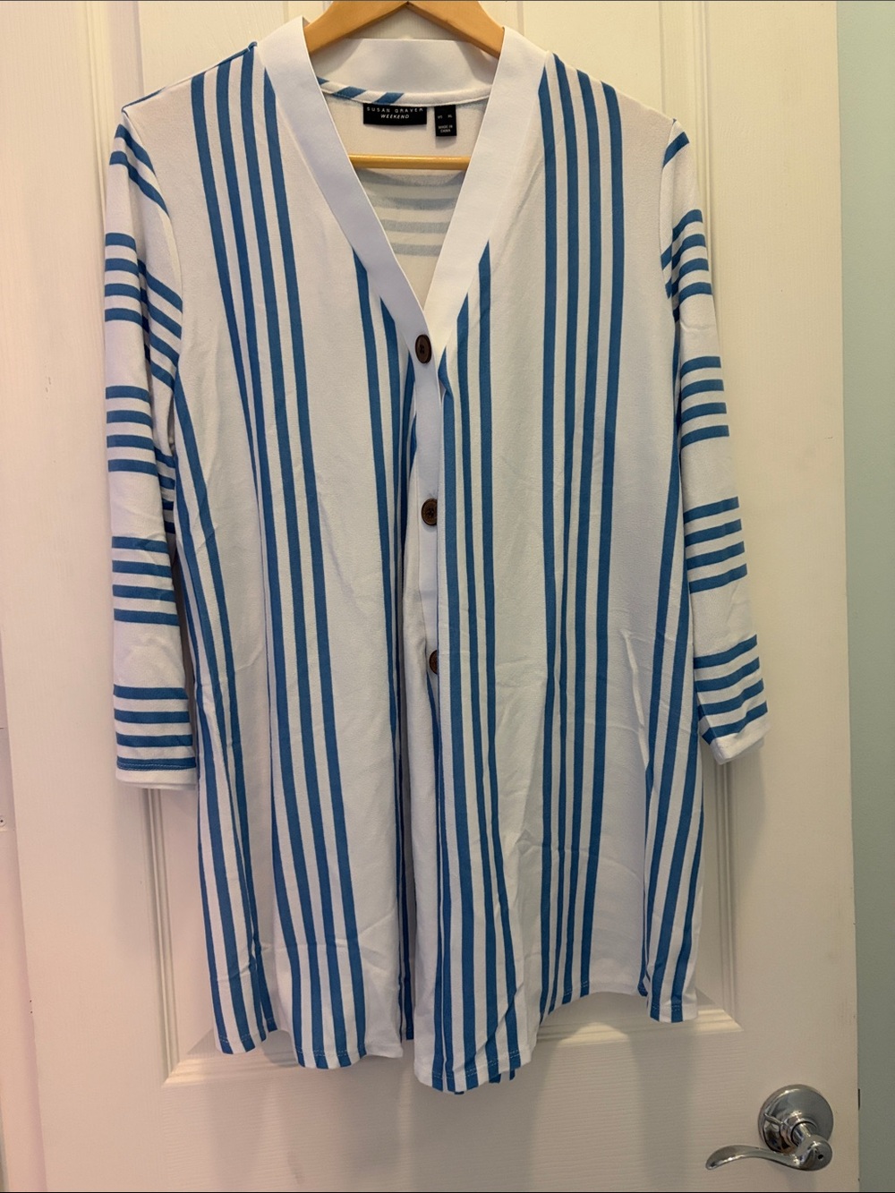 Susan Graver White & Blue Striped Lightweight Cardigan